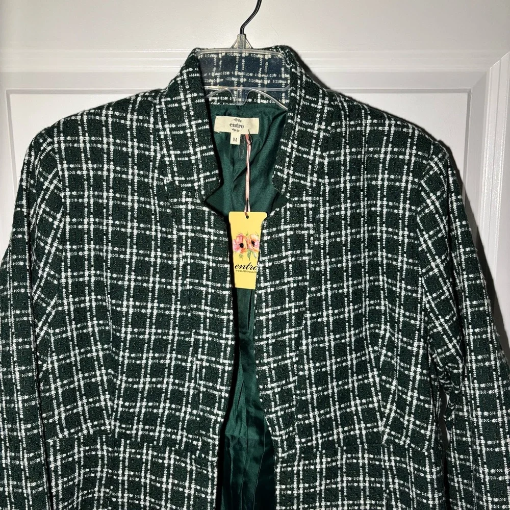 Entro‎ Green Monochrome Plaid Blazer Jacket Collarless
